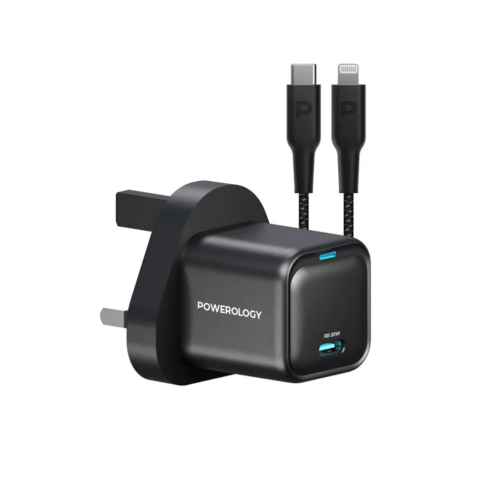 شاحن GaN مدمج جدًا مع كابل USB-C إلى Lightning 1.2 متر من باويرولوجي - أسود