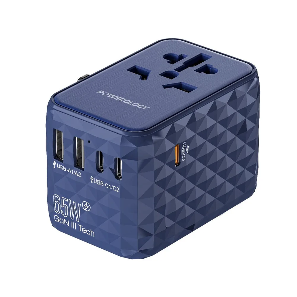 محول سفر عالمي متعدد المنافذ PD 65 واط (3 منافذ Type-C / 2 USB-A) من باويرولوجي - أسود