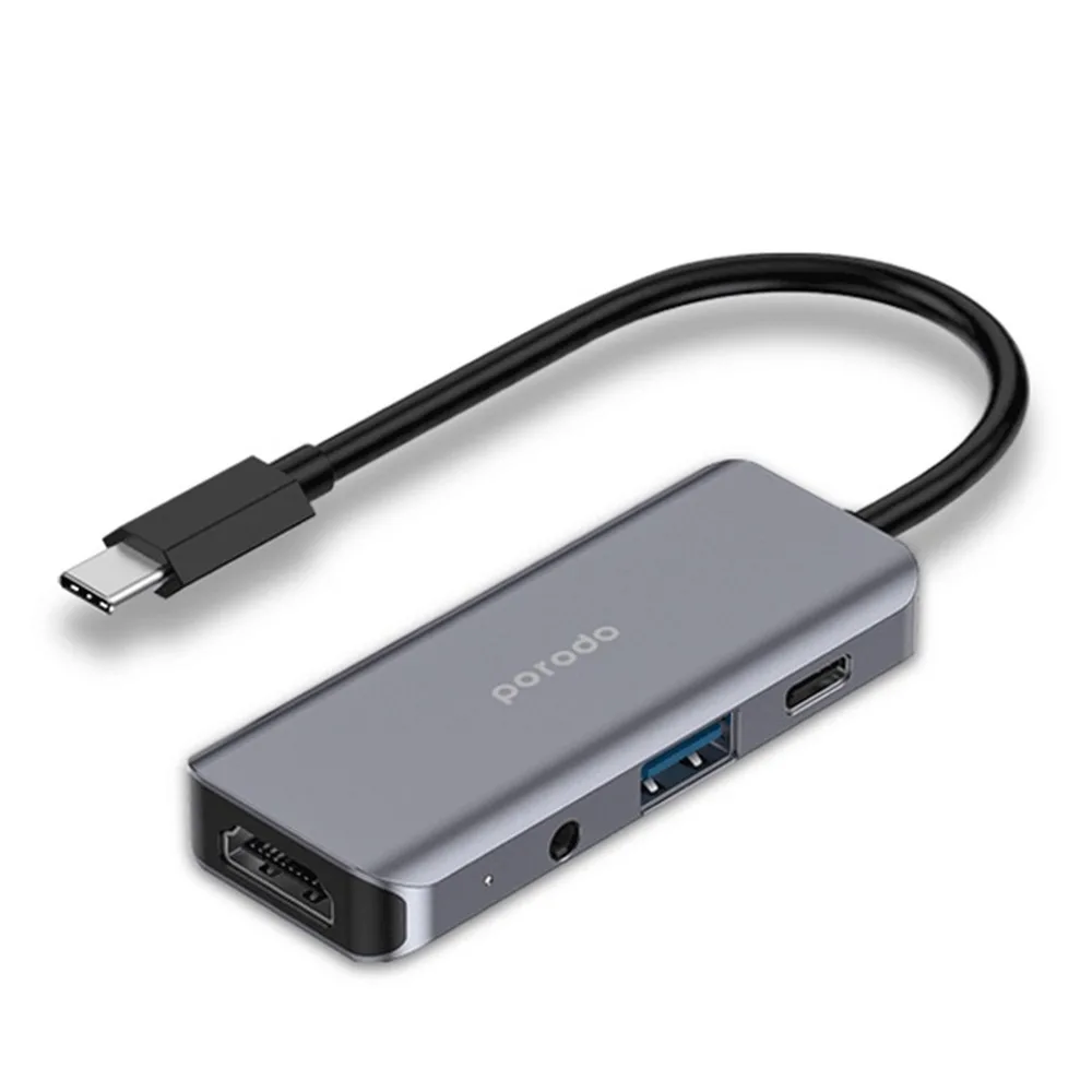 هاب USB-C 4 في 1 بمنفذ HDMI 4K وPD 100 واط من بورودو - رمادي