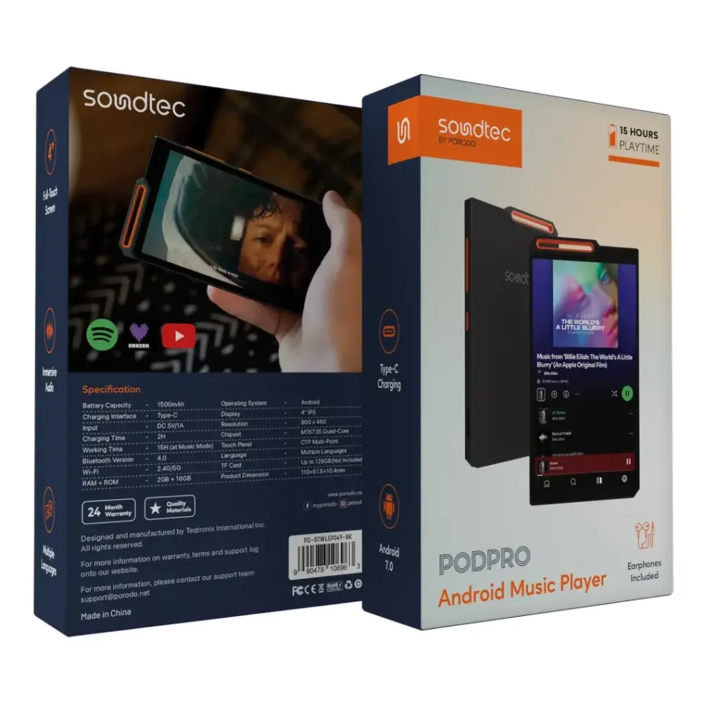 مشغل MP3 ساوندتك ببلوتوث وواي فاي 1500 مللي أمبير من بورودو - أسود