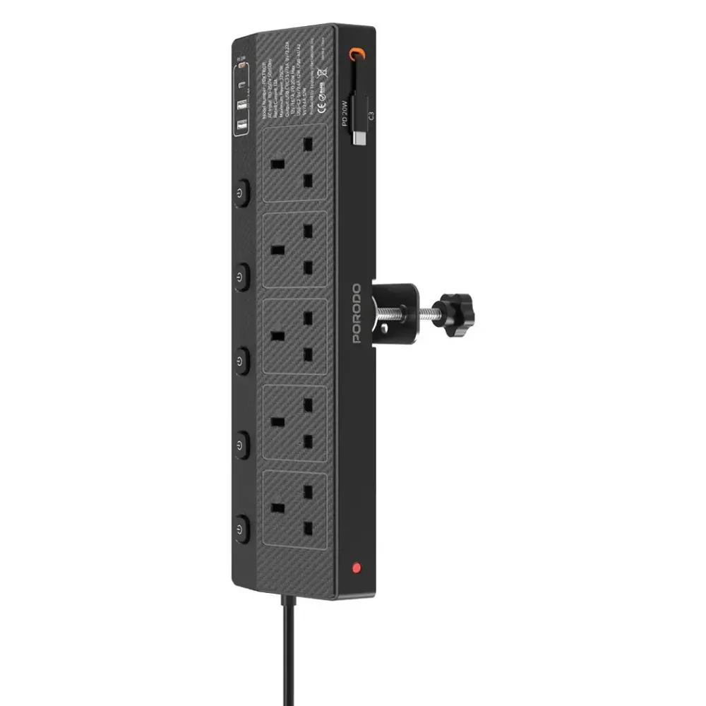 مشترك كهربائي VoltGuard 3250 واط متعدد المنافذ UK مع PD 20 واط USB-C من بورودو