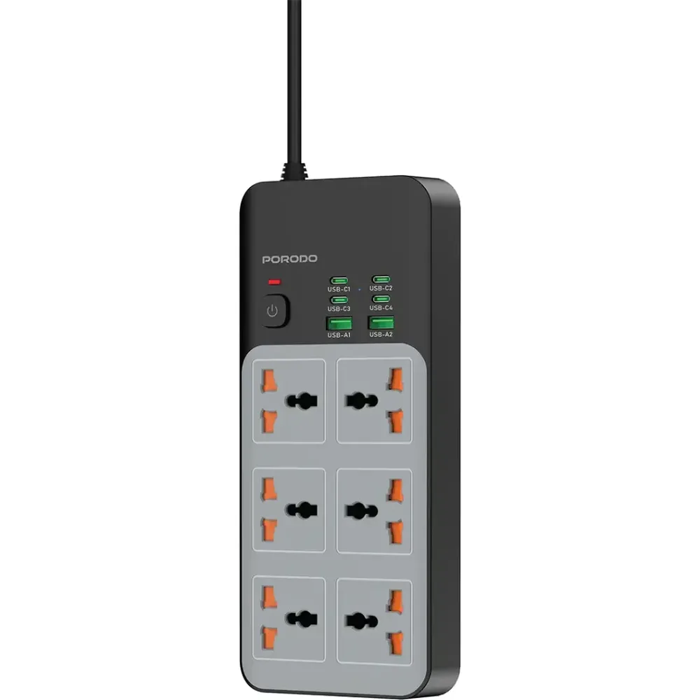 مشترك كهربائي عالمي 3000 واط 6 مخارج AC مع 6 منافذ USB (4C+2A) من بورودو - رمادي
