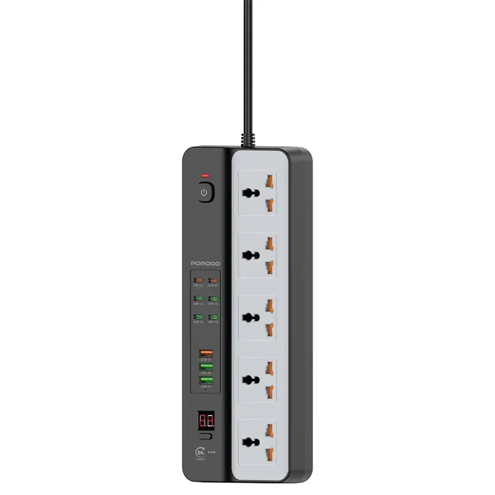 مشترك كهربائي عالمي 3000 واط 5 مخارج AC مع 9 منافذ USB (6C+3A) من بورودو - أسود