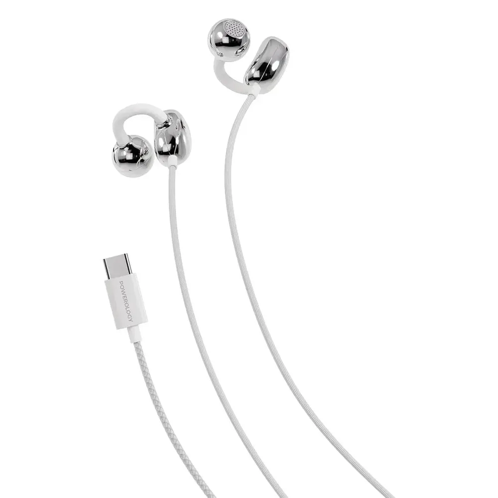 سماعات أذن سلكية باورولوجي فورو بخطاطيف للأذن ومنفذ USB-C - أبيض