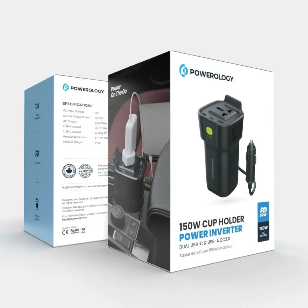 عاكس طاقة بحامل أكواب 150 واط من باويرولوجي بمنفذي USB-C و USB-A QC3.0