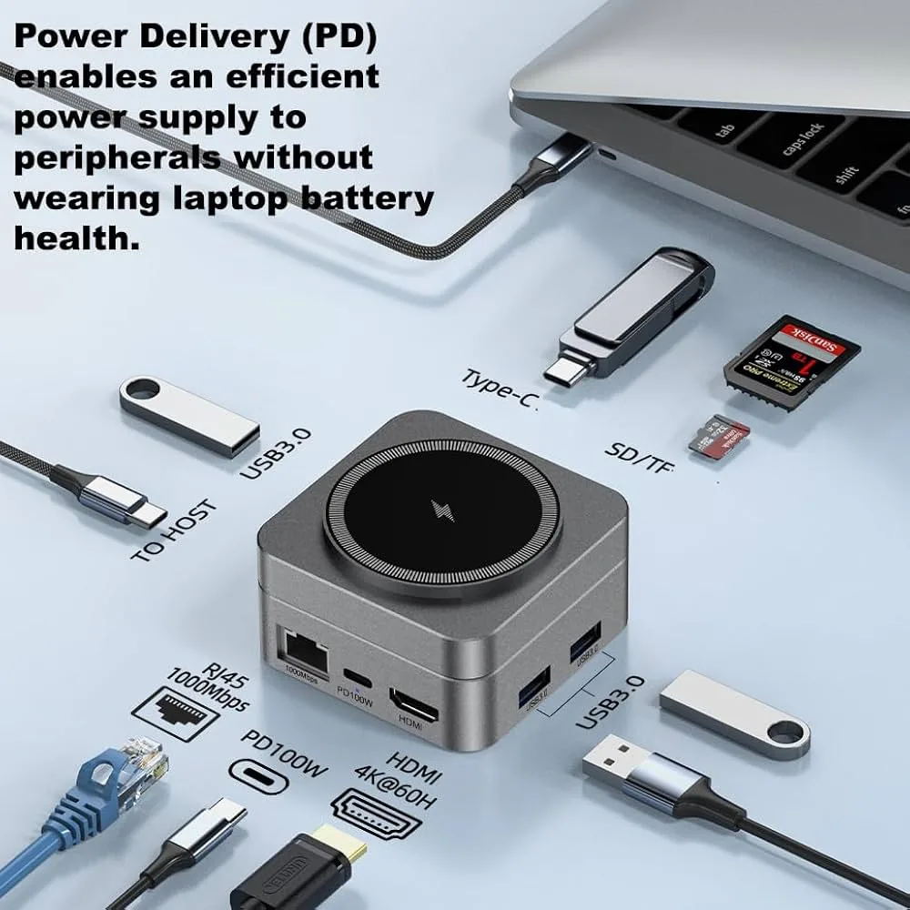 محول ديجيت بلس DP-K013 متعدد المنافذ 10 في 1 Type-C مع شاحن لاسلكي 15W