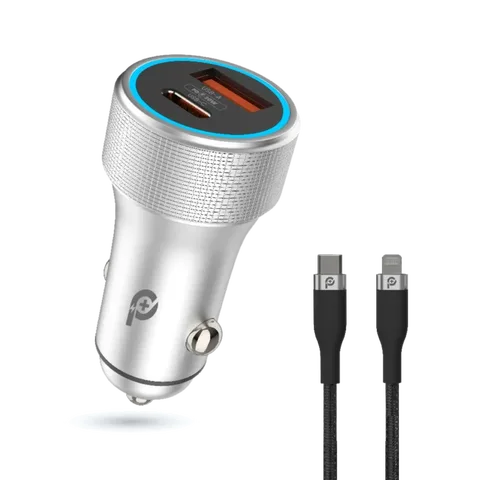 شاحن سيارة Power Extreme PD+QC بمخرجين 48 واط مع كابل مجدول Type-C إلى Lightning من باويرو بلس - رمادي