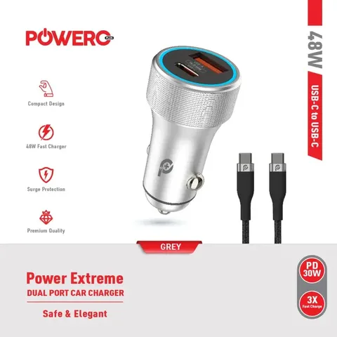 شاحن سيارة Power Extreme PD+QC بمخرجين 48 واط من باويرو بلس - رمادي
