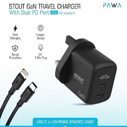 شاحن سفر GaN Stout بمنفذي PD 45 واط C إلى Lightning من باوا - أسود