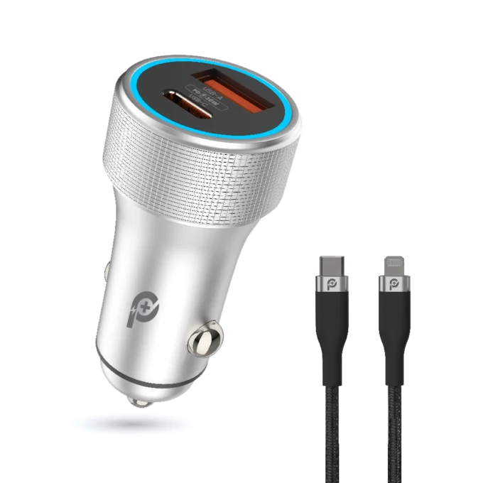 شاحن سيارة Power Extreme PD+QC بمخرجين 48 واط مع كابل مجدول Type-C إلى Lightning من باويرو بلس - رمادي