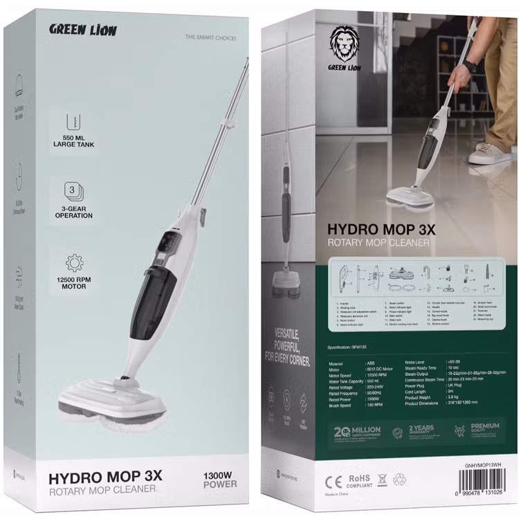 ممسحة دوّارة Hydro Mop 3X بقوة 1300 واط من جرين ليون - أبيض