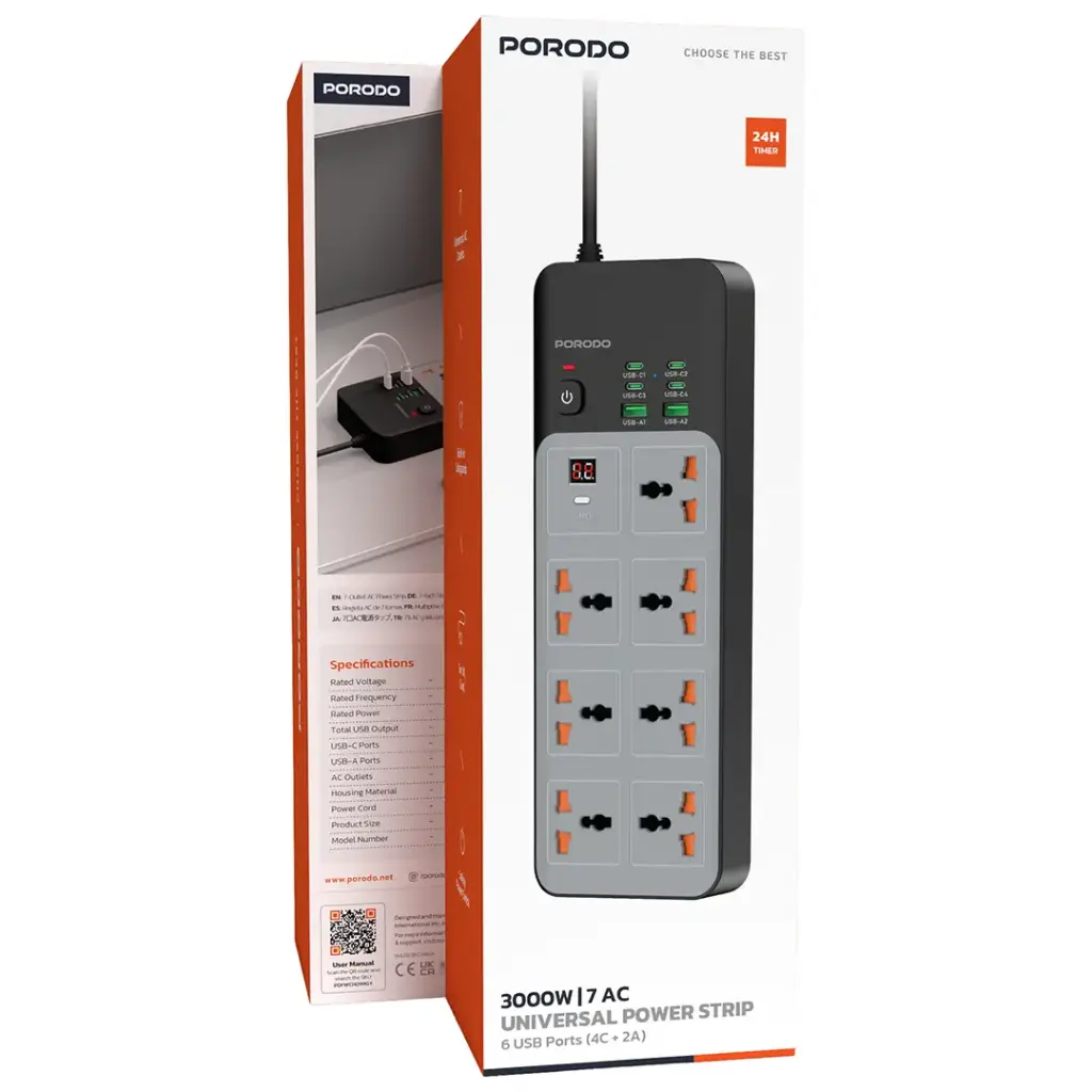 مشترك كهربائي عالمي 3000 واط 7 مخارج AC مع 6 منافذ USB (4C+2A) من بورودو - رمادي